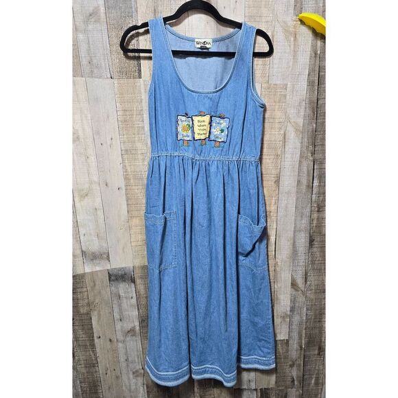 Vintage Dresses & Skirts - Winona Vintage 90s Blue Denim Jean Jumper Garden Floral Patch Dress Small Cottag